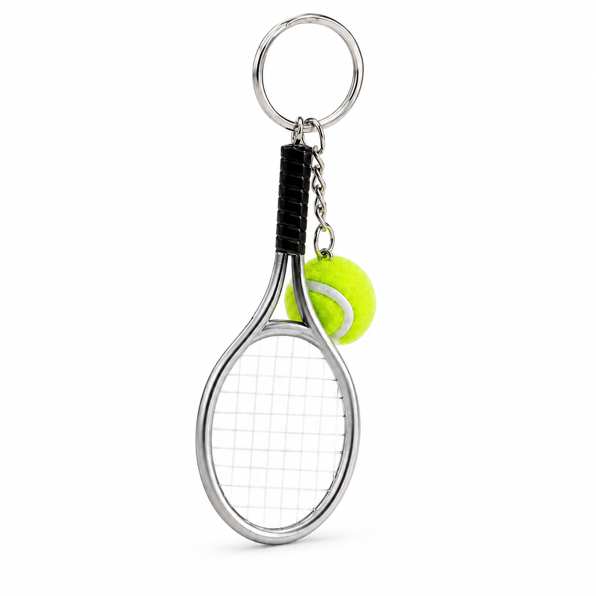 Porte-clés mini raquette de tennis argentée avec balle pompon