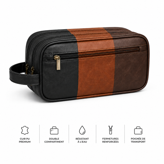 Trousse vestiaire padel en cuir PU noir et marron - infographie des caractéristiques : cuir PU premium, double compartiment, résistant à l'eau, fermetures renforcées, poignée de transport
