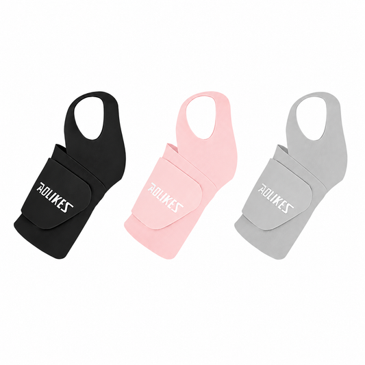 Trois bandages de poignet avec trou pouce, coloris noir, rose et gris