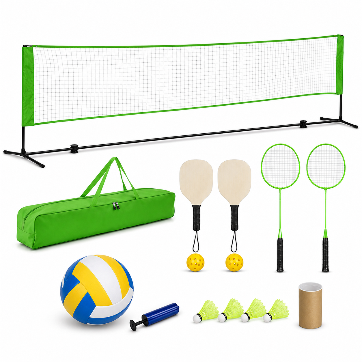 Kit Multisport Badminton Pickleball Volley-Ball avec Filet Réglable – 7 Pièces