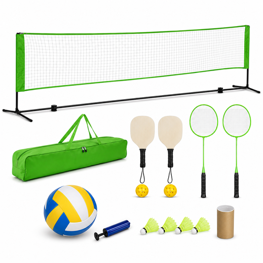 Kit Multisport Badminton Pickleball Volley-Ball avec Filet Réglable – 7 Pièces