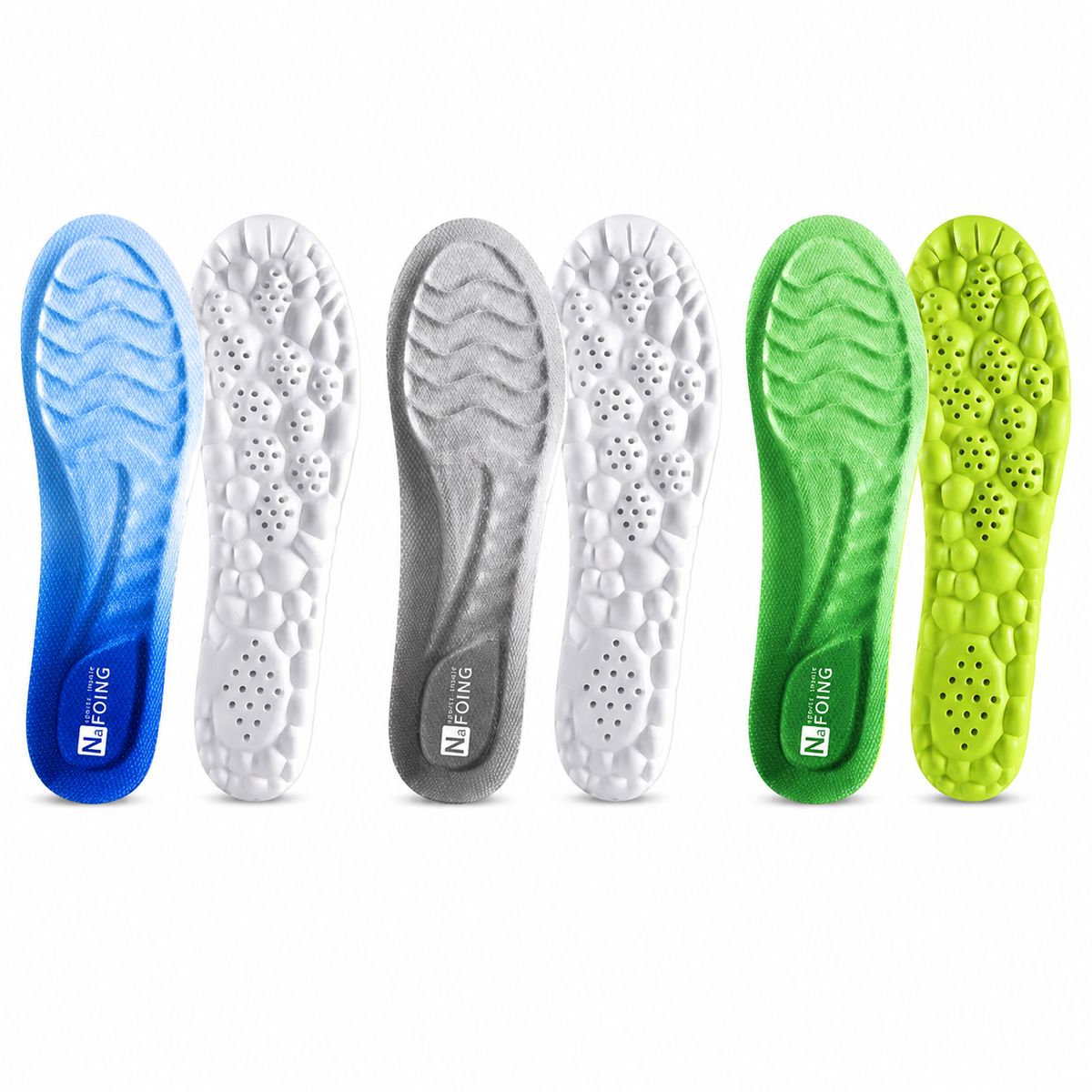Semelles Cloud 4D avec soutien de la voûte plantaire, trois coloris bleu, gris et vert