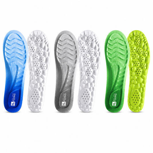 Semelles Cloud 4D avec soutien de la voûte plantaire, trois coloris bleu, gris et vert