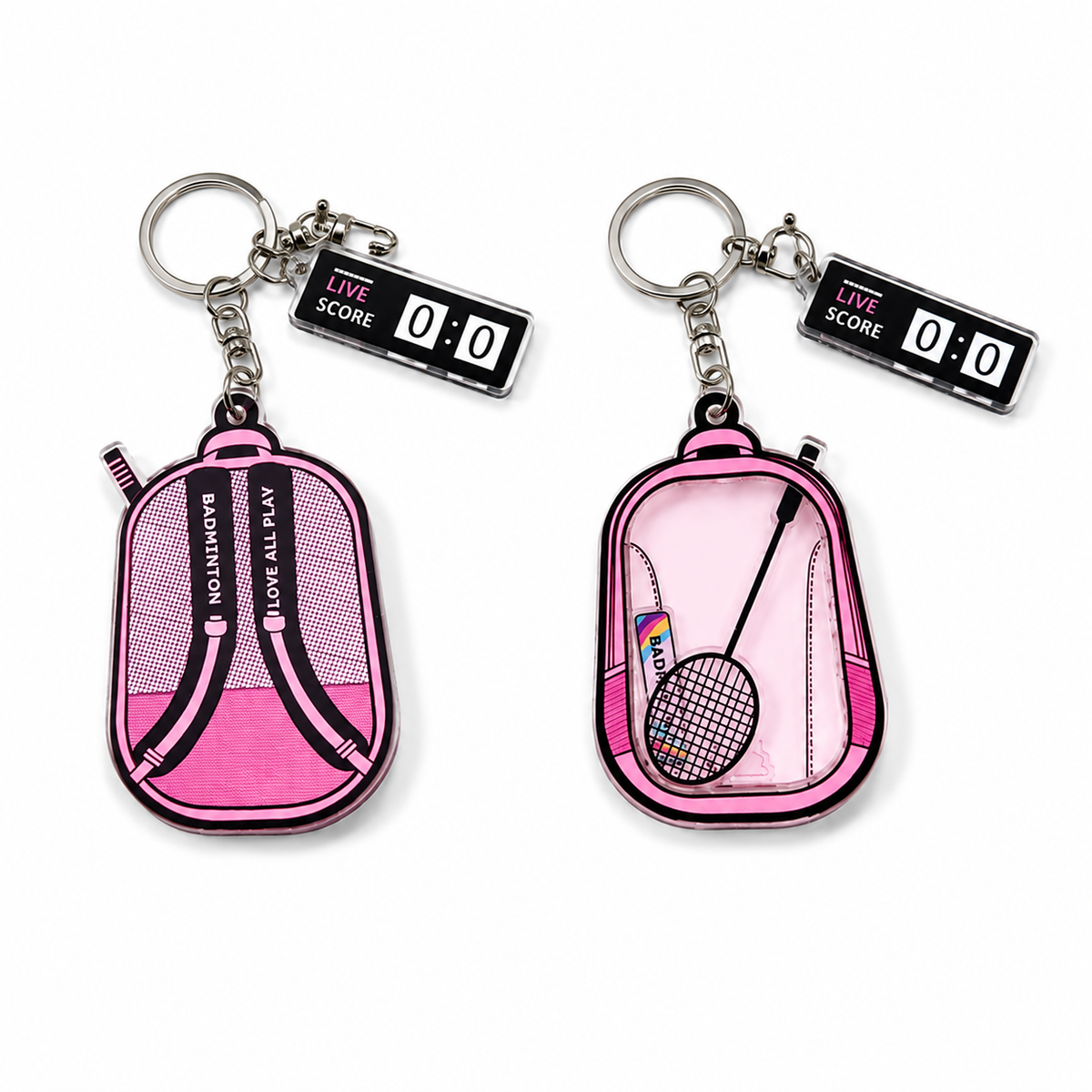 Porte-clés pochette badminton rose holographique avec pendentif compteur de score, vue de face et de dos