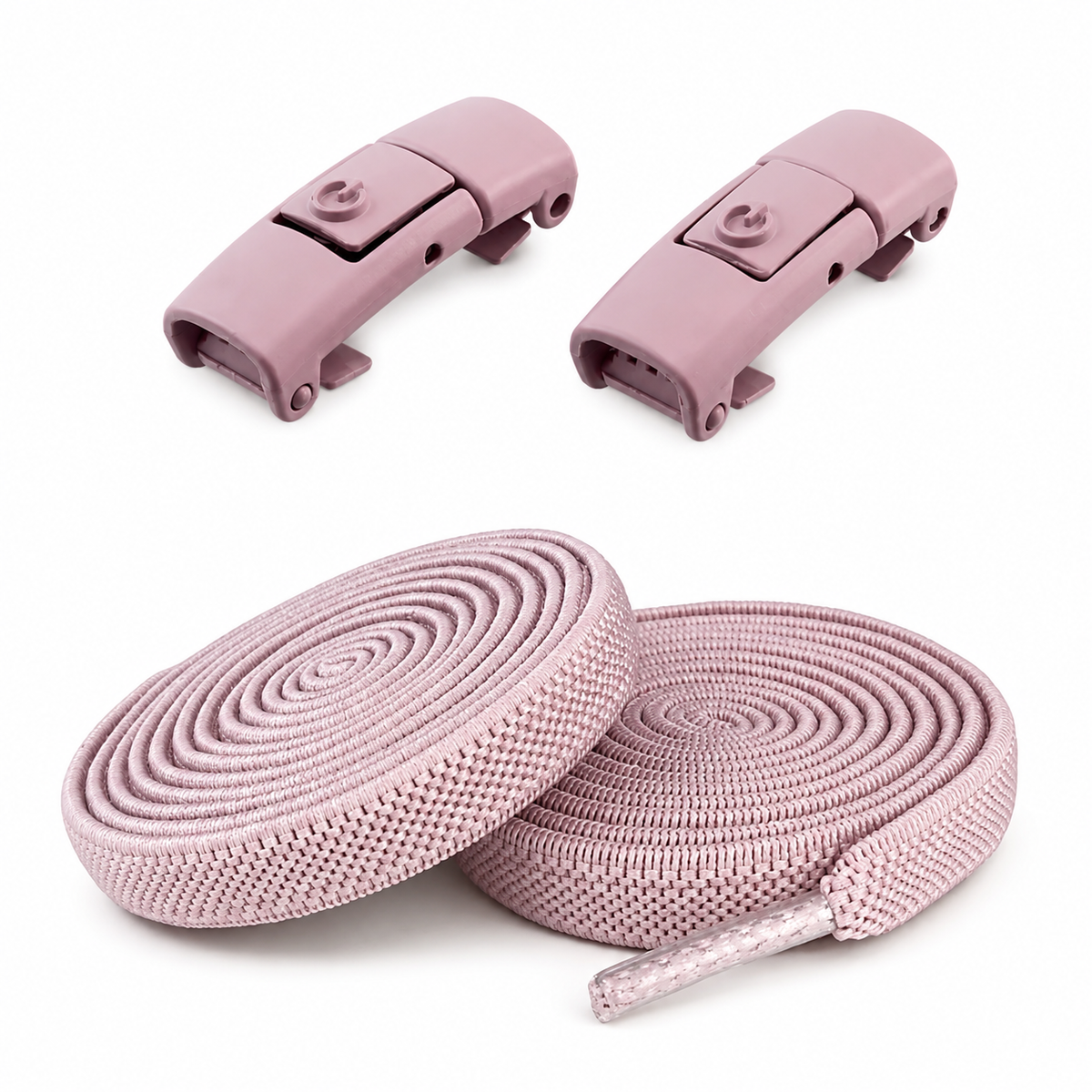 Gros plan sur les fermoirs et les lacets élastiques enroulés rose poudré
