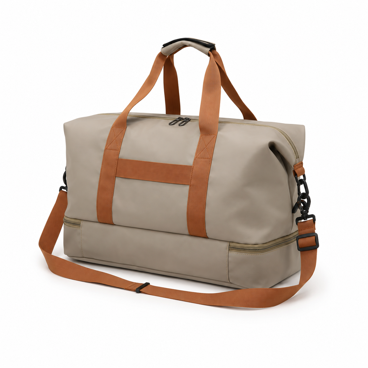 Sac polochon gris taupe vue en angle avec la bandoulière amovible déployée