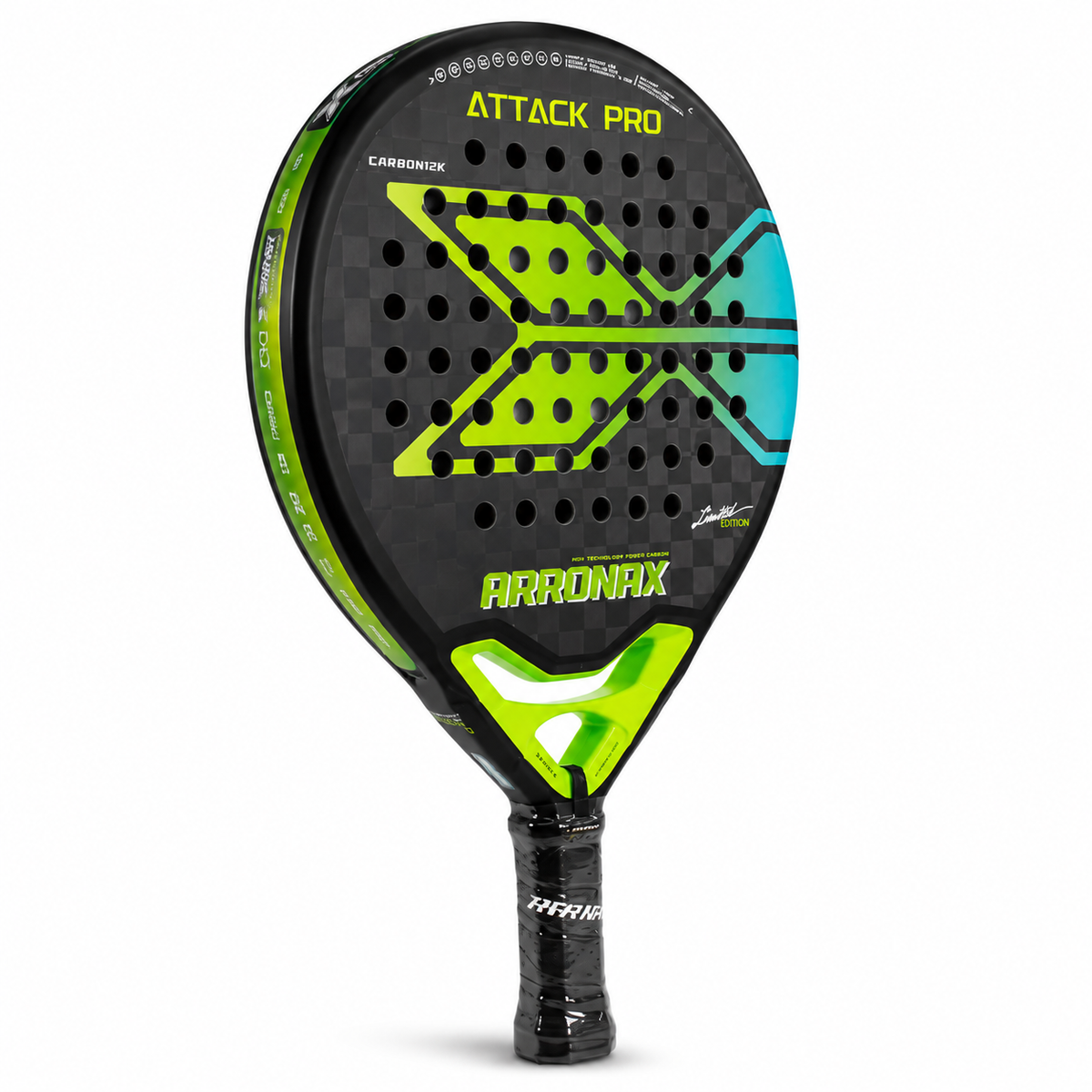 Raquette de padel Arronax Attack Pro vue de face droite avec manche vert et noir