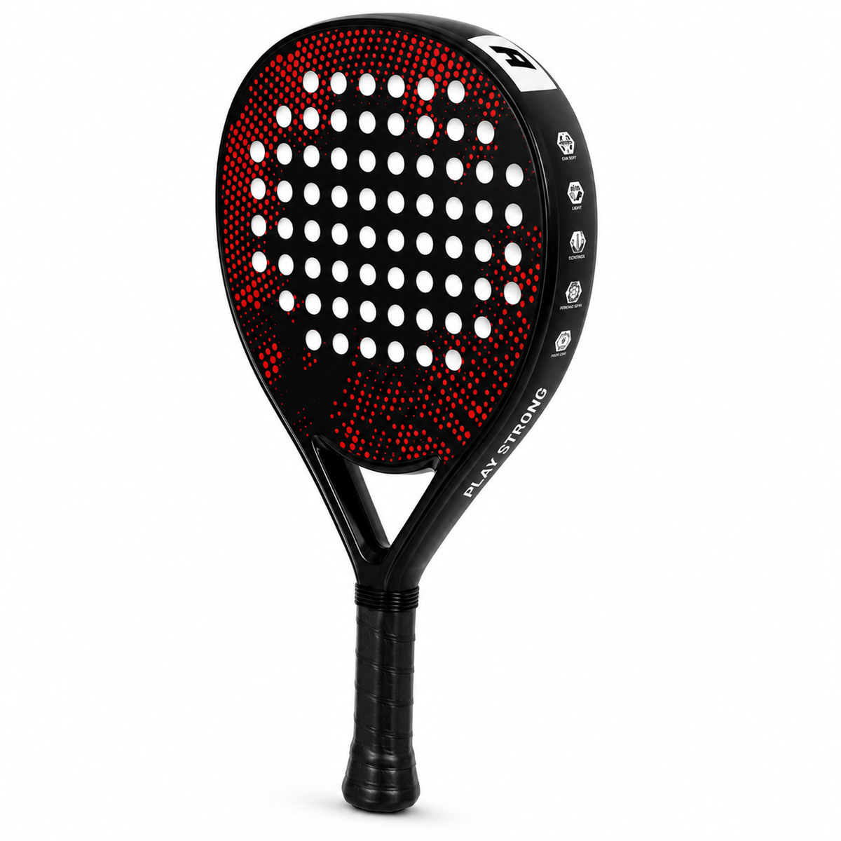 Raquette de padel enfant vue en angle avec inscription Play Strong sur le cadre