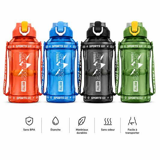 Gourde de Sport 1,5L avec Dragonne – Grande Contenance