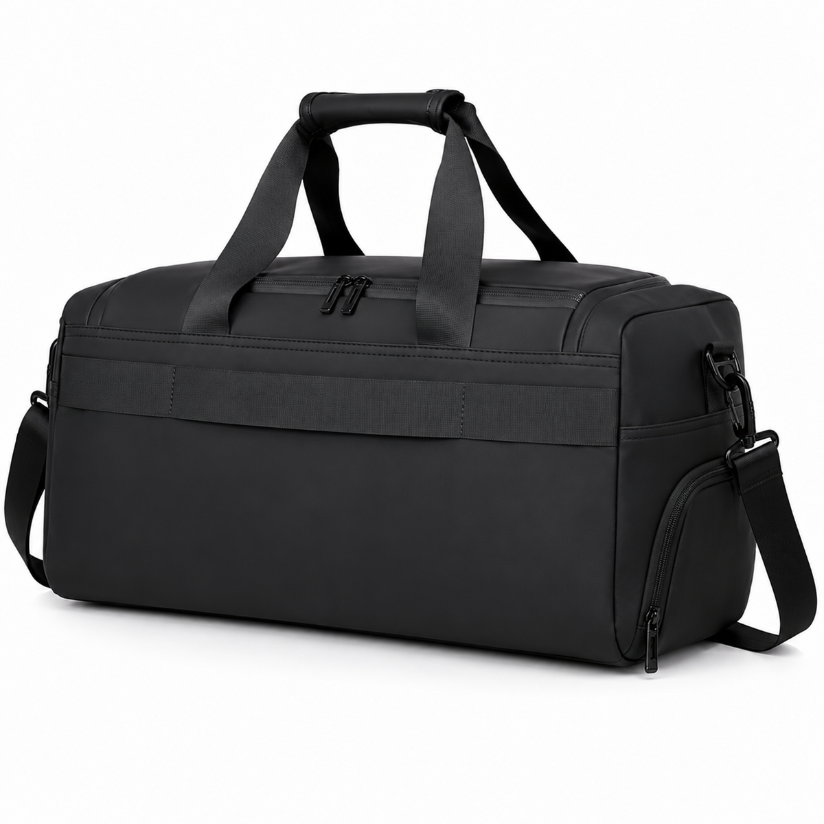 Sac de sport noir vue de dessus montrant les poignées et la fermeture éclair principale