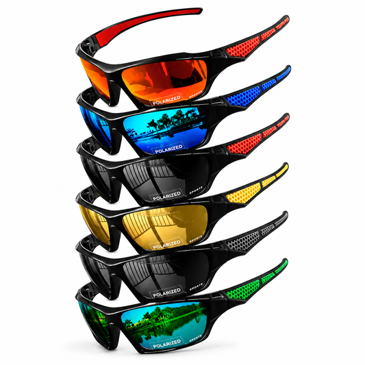 Lunettes de soleil de sport polarisées, six paires empilées avec verres rouge, bleu, noir, jaune, blanc et vert