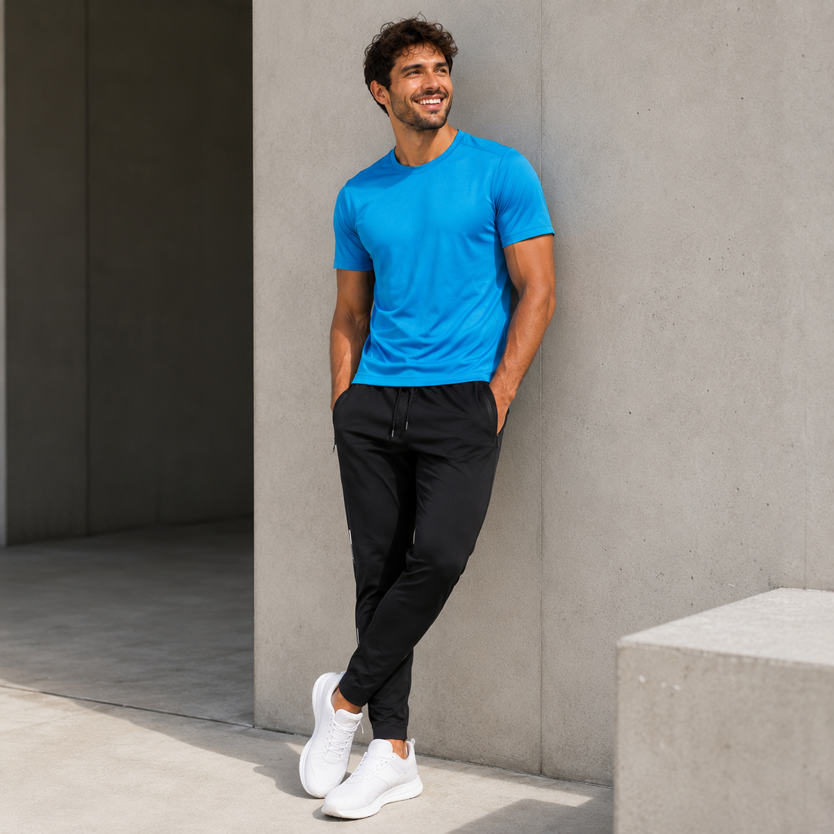 Homme portant le t-shirt technique bleu avec un pantalon de jogging noir, en pose décontractée