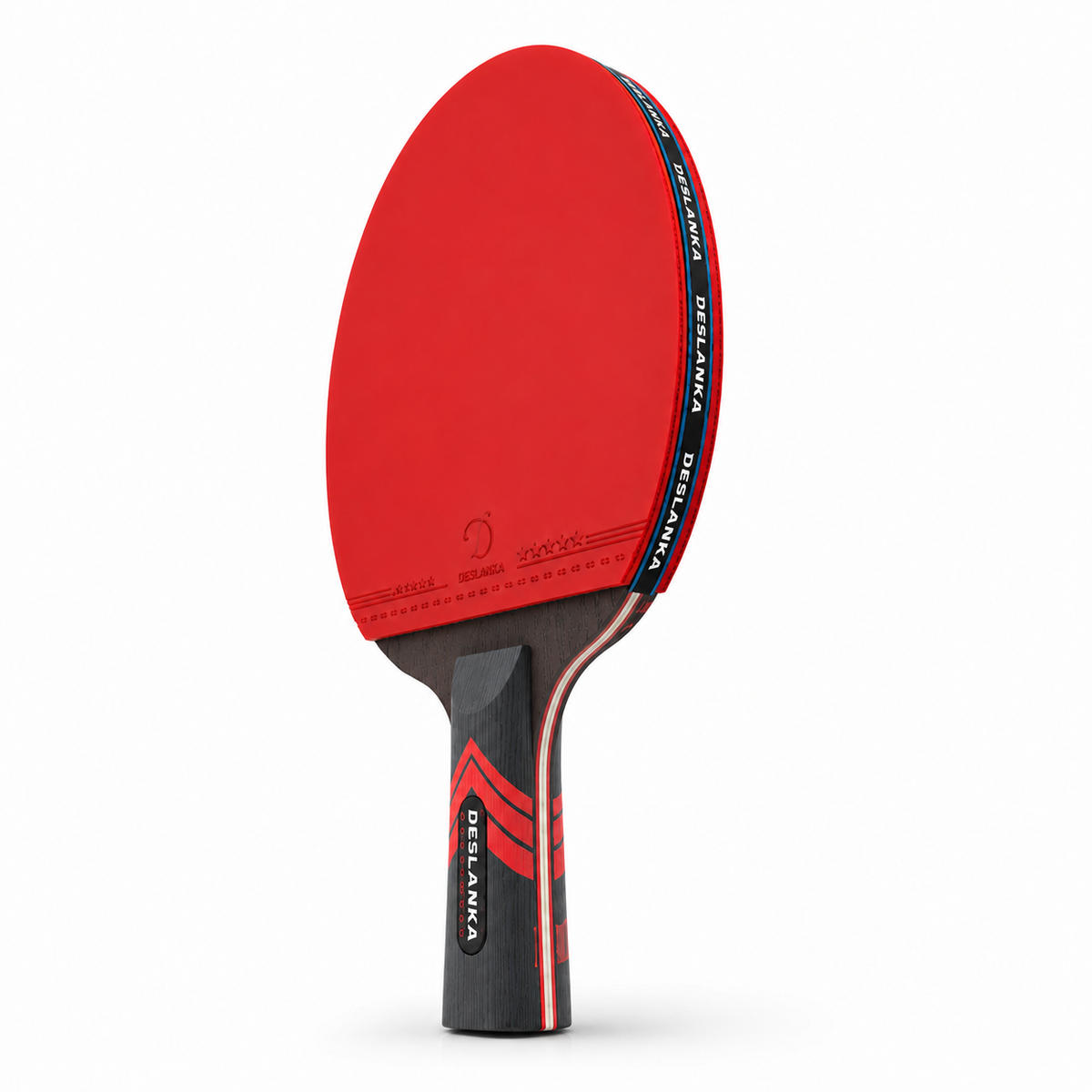 Raquette de tennis de table carbone pro rouge et noire - vue de face avec logo sur le bord