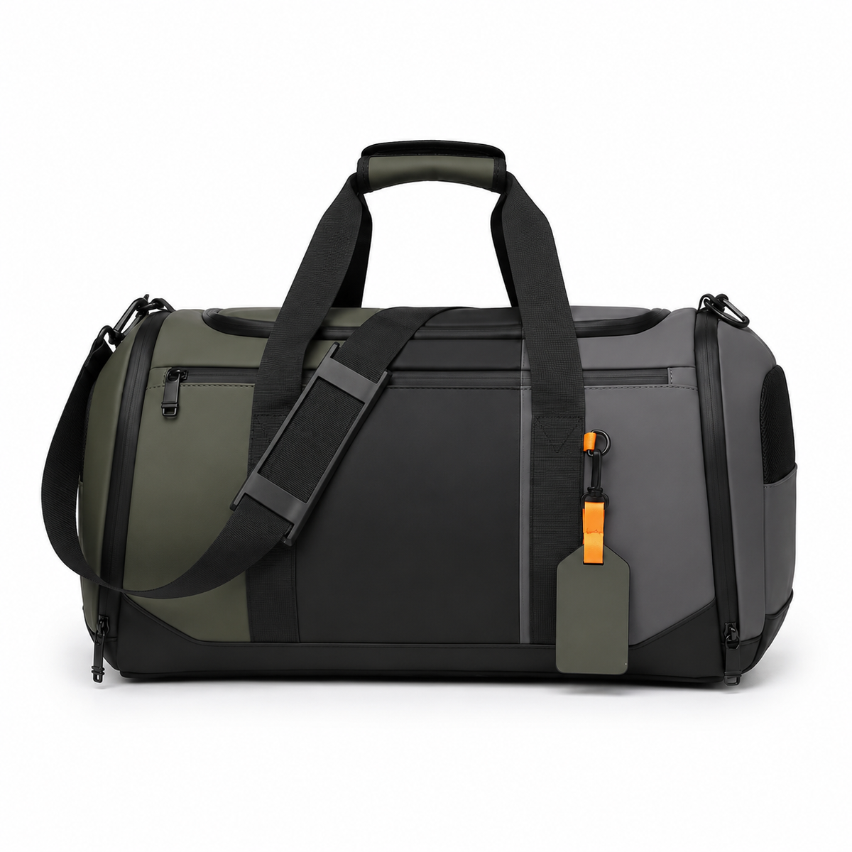 Sac de sport vert kaki et noir avec bandoulière et porte-étiquette orange, vue de face