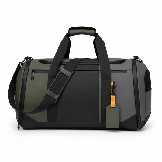 Sac de sport vert kaki et noir avec bandoulière et porte-étiquette orange, vue de face