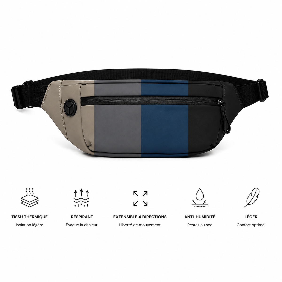 Sacoche banane sport étanche color block noir, gris, bleu et beige - infographie des caractéristiques : tissu thermique, respirant, extensible 4 directions, anti-humidité, léger