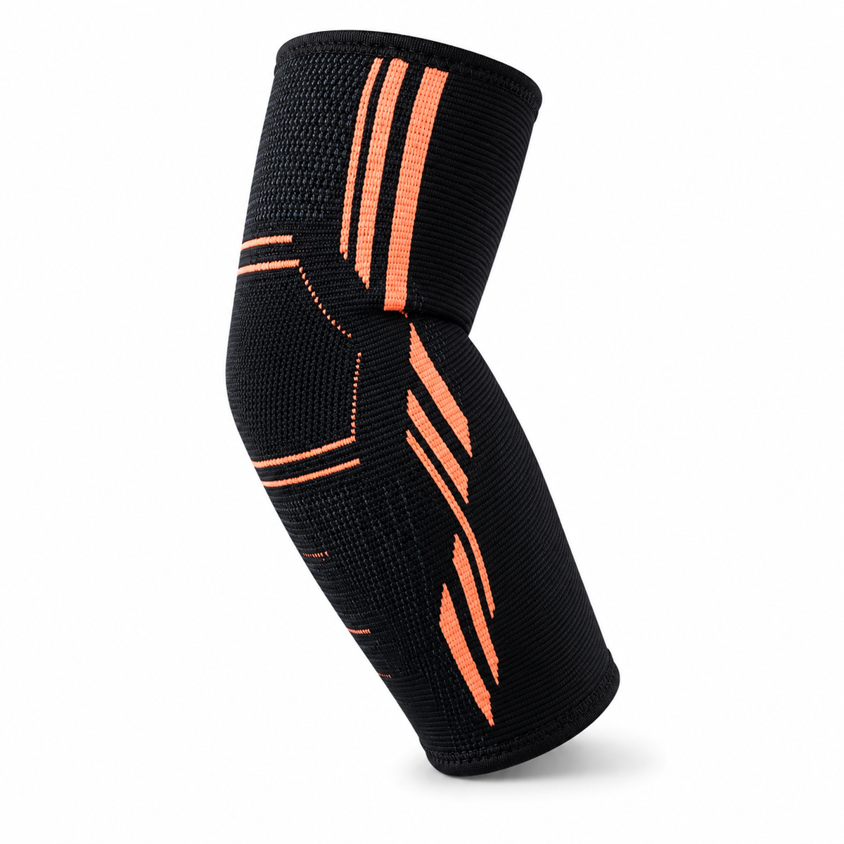 Manchon de compression noir et orange pour coude, vue en position fléchie