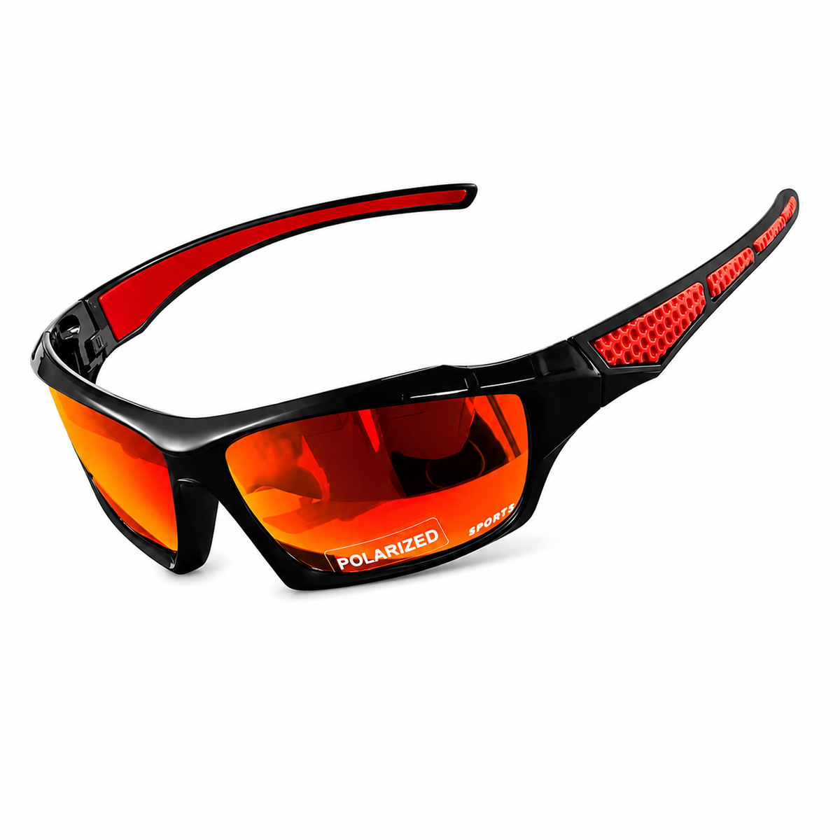 Lunettes de sport noires avec branches rouges et verres miroir orange polarisés, vue en angle