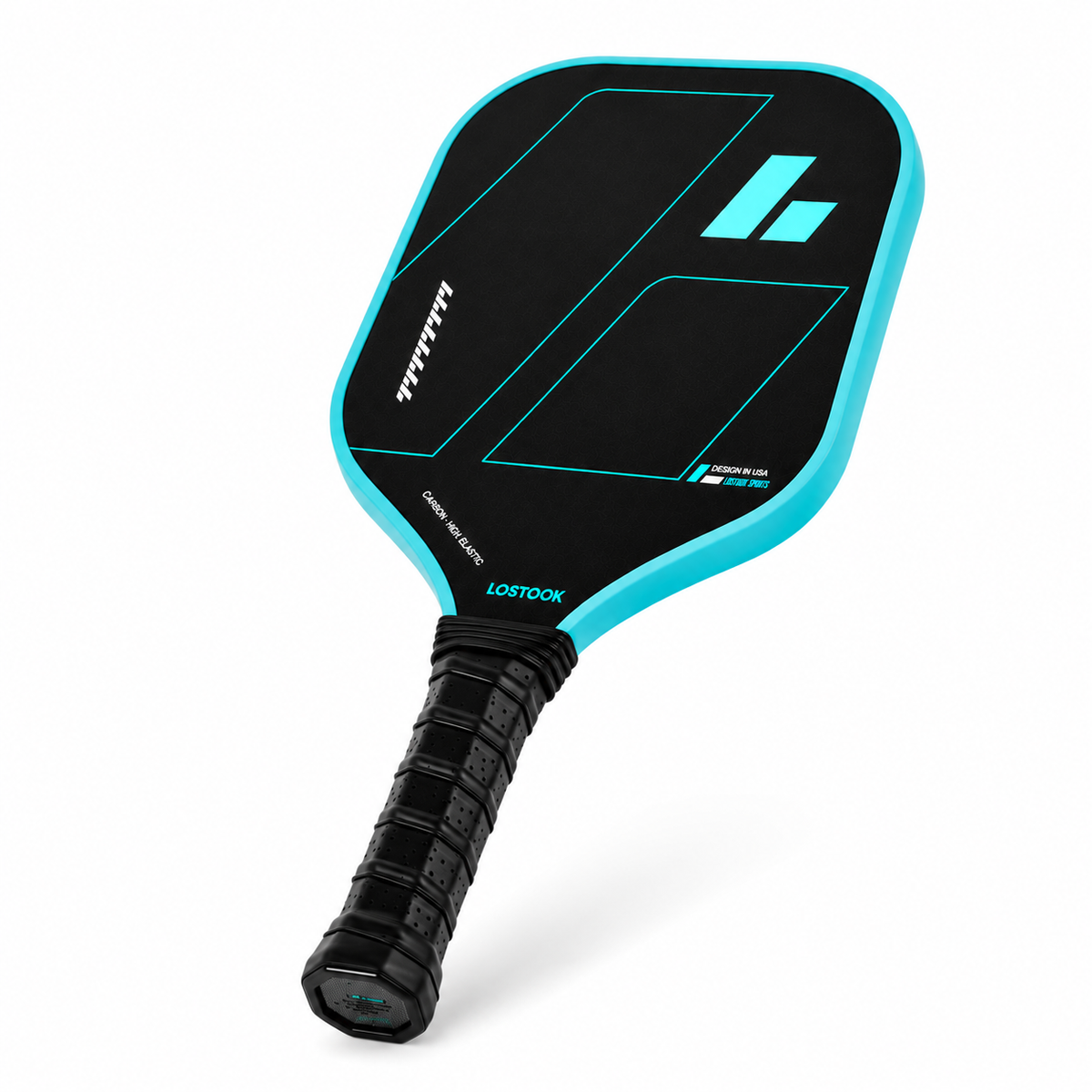 Raquette de pickleball noire et turquoise avec grip antidérapant, vue de face droite