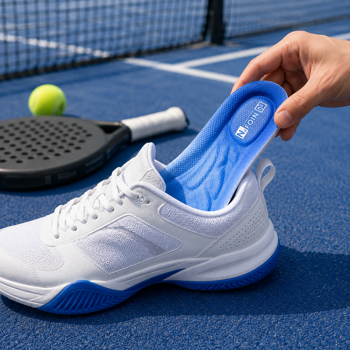 Main insérant la semelle Cloud 4D bleue dans une chaussure de padel blanche, avec raquette et balle sur le terrain