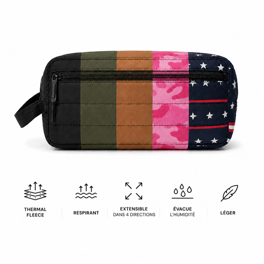 Trousse vestiaire padel tactique color block noir, vert, marron, camouflage rose et motif étoilé - infographie des caractéristiques : thermal fleece, respirant, extensible dans 4 directions, évacue l'humidité, léger