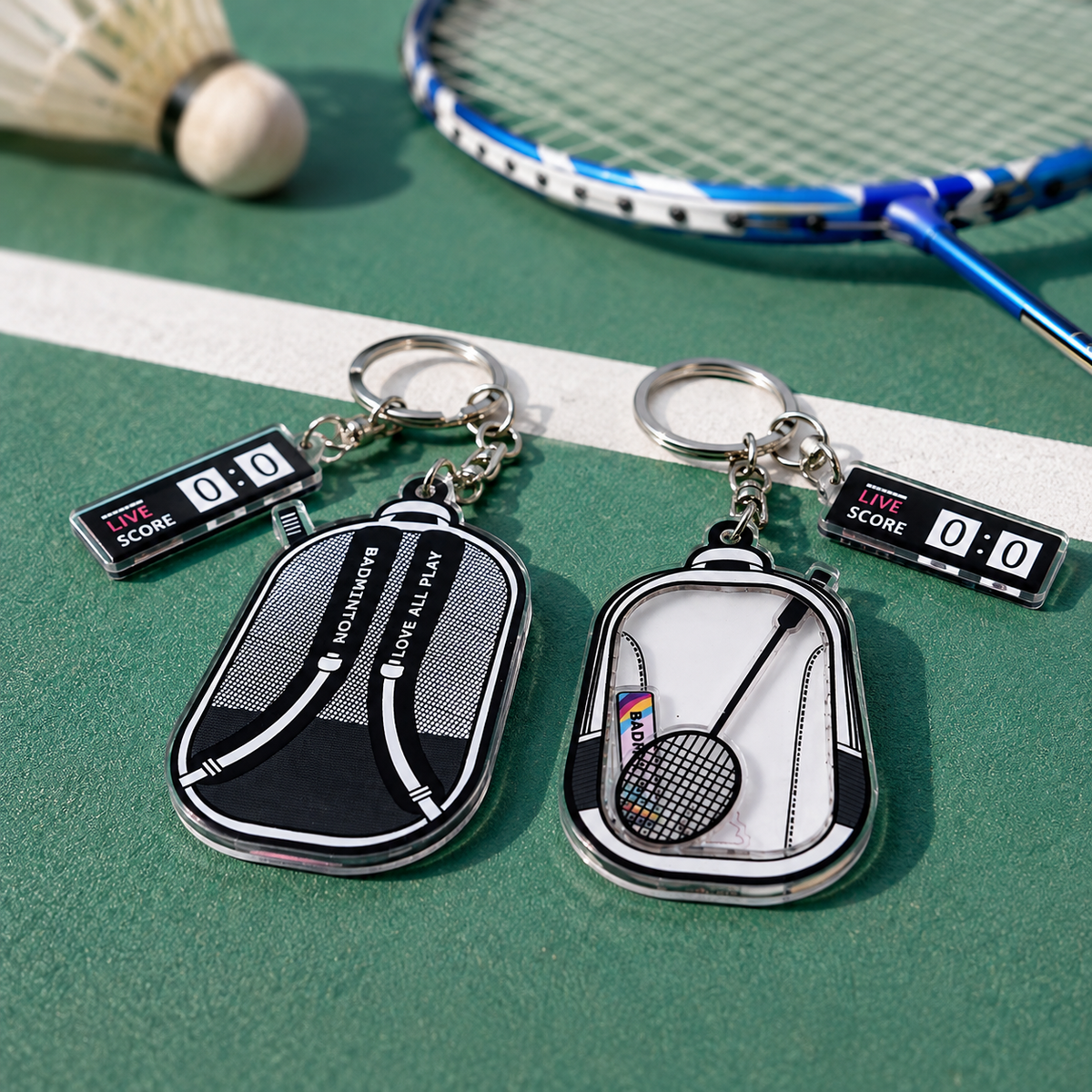 Porte-clés pochette badminton posés sur un terrain avec raquette et volant, photo lifestyle