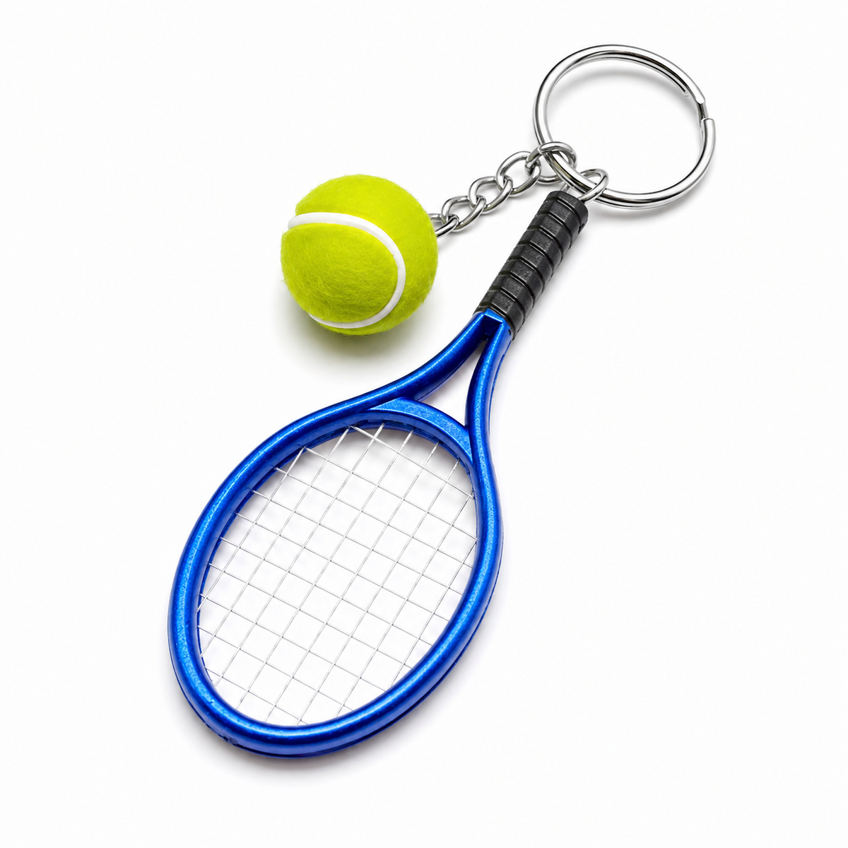 Porte-clés mini raquette de tennis bleue avec balle pompon