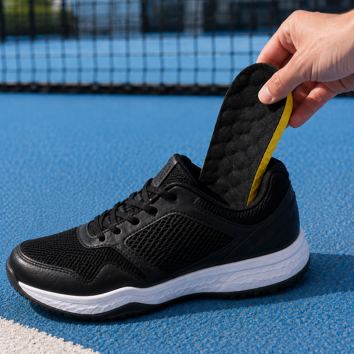 Main insérant la semelle en mousse à mémoire de forme dans une chaussure de sport noire, sur un terrain de padel