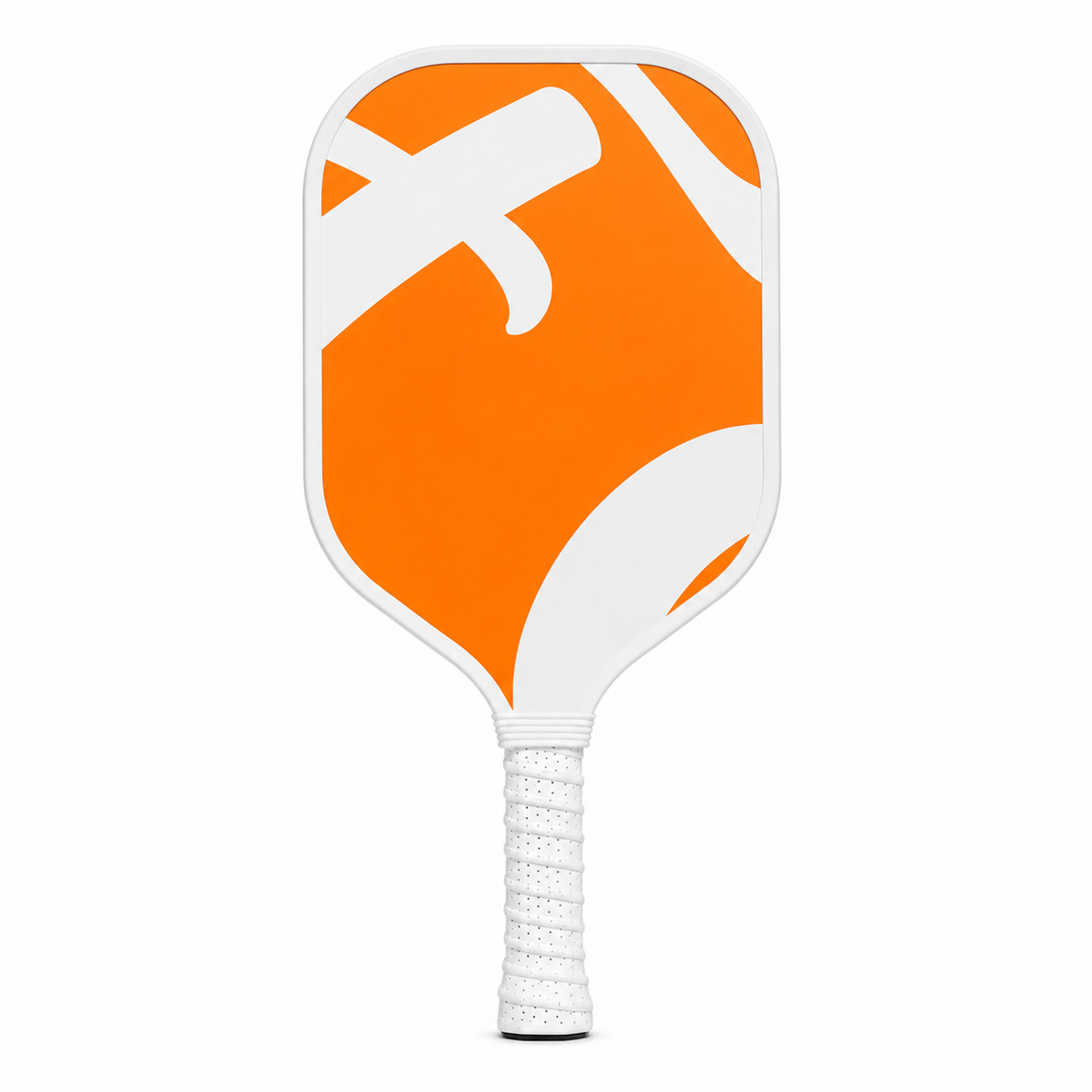 Raquette de pickleball débutant orange et blanche avec motif graphique abstrait, vue de face