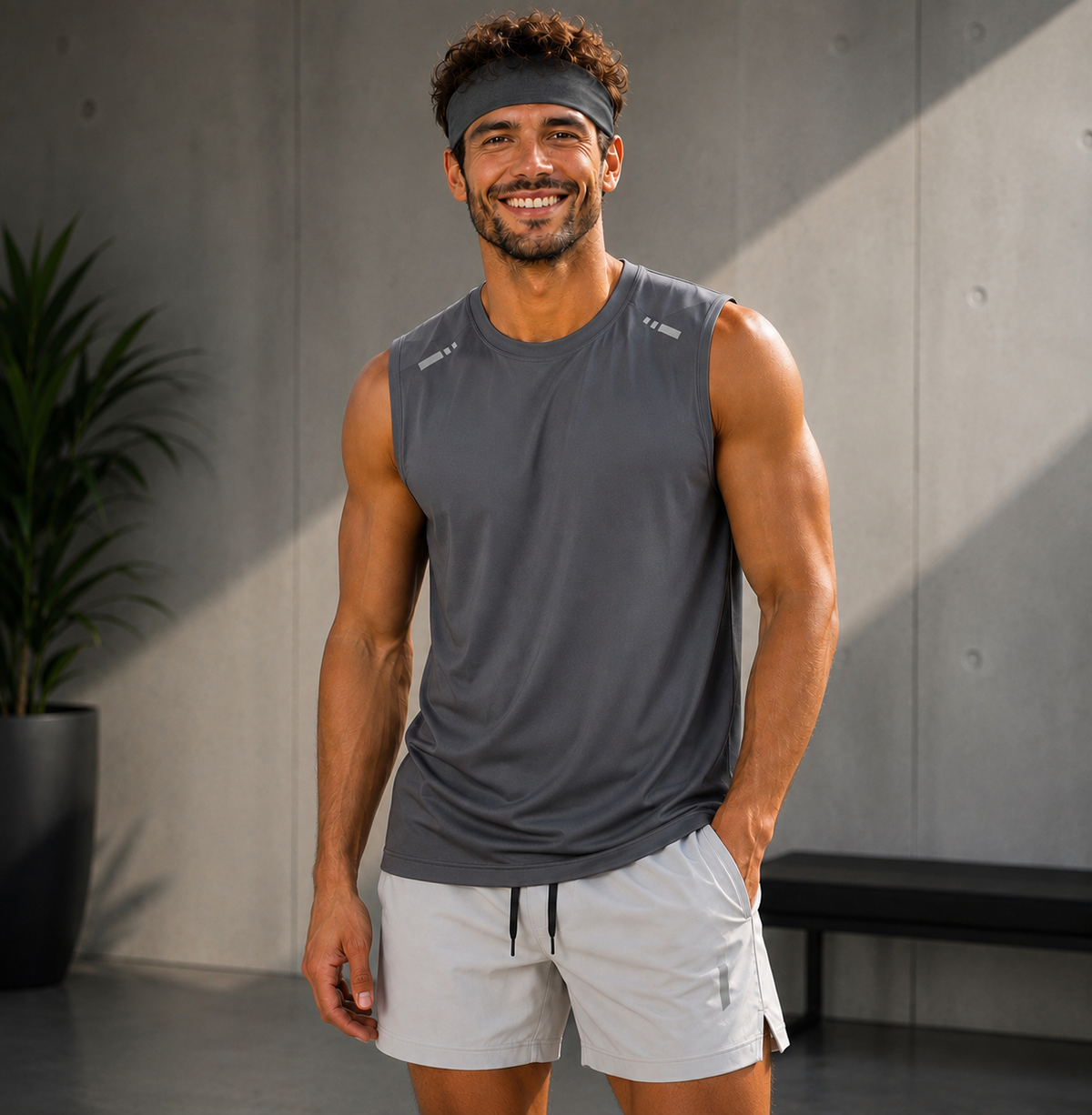 Homme souriant portant un bandeau de sport noir en salle de sport - photo lifestyle