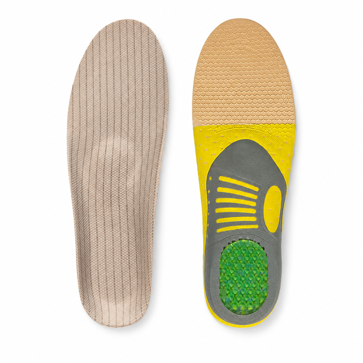 Semelle orthopédique beige avec zones de gel jaune et vert pour le soutien plantaire, vue de dessus et de dessous