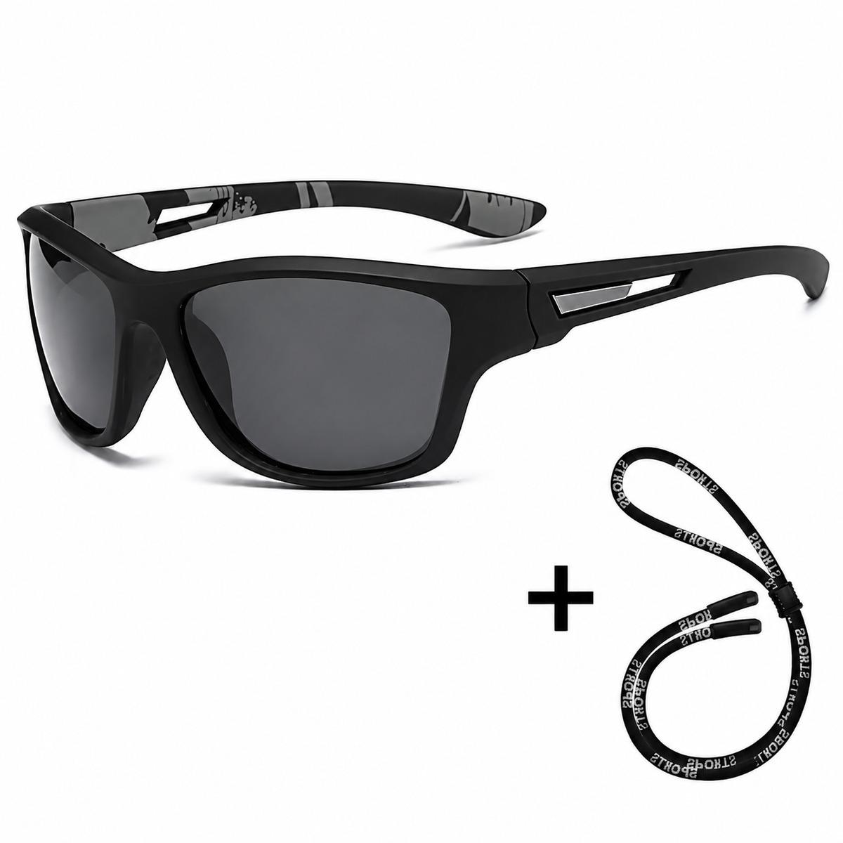 Lunettes de soleil polarisées HD noires avec cordon de maintien sport