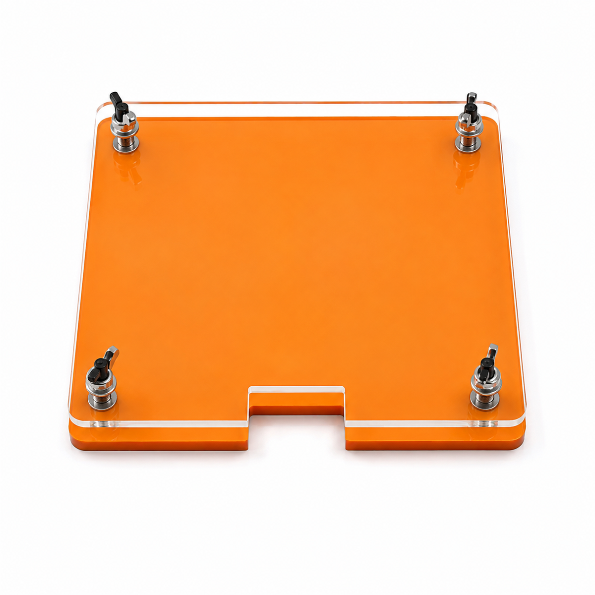 Presse orange pour revêtement de raquette de ping-pong avec quatre vis de serrage, vue de dessus