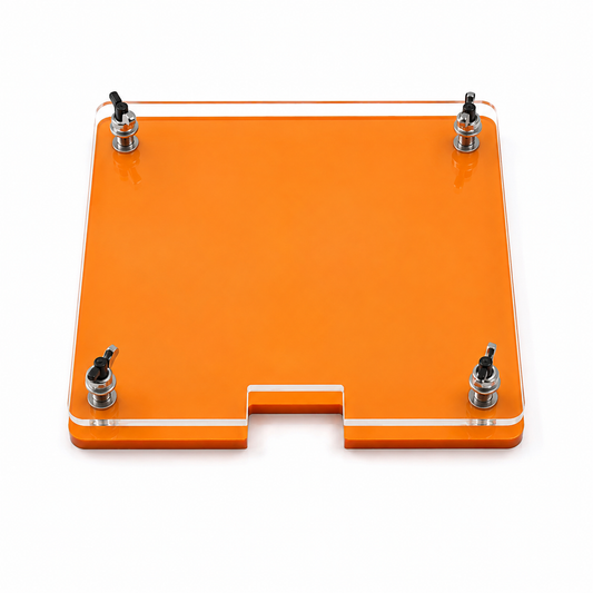 Presse orange pour revêtement de raquette de ping-pong avec quatre vis de serrage, vue de dessus