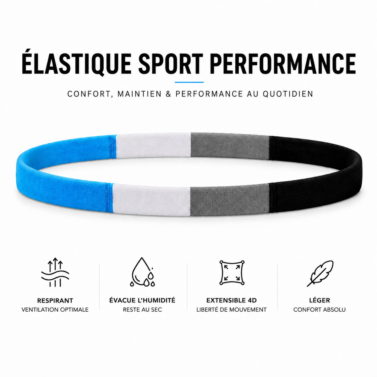 Lot de bandeaux fins élastiques sport bleu, blanc, gris et noir - infographie des caractéristiques : respirant, évacue l'humidité, extensible 4D, léger