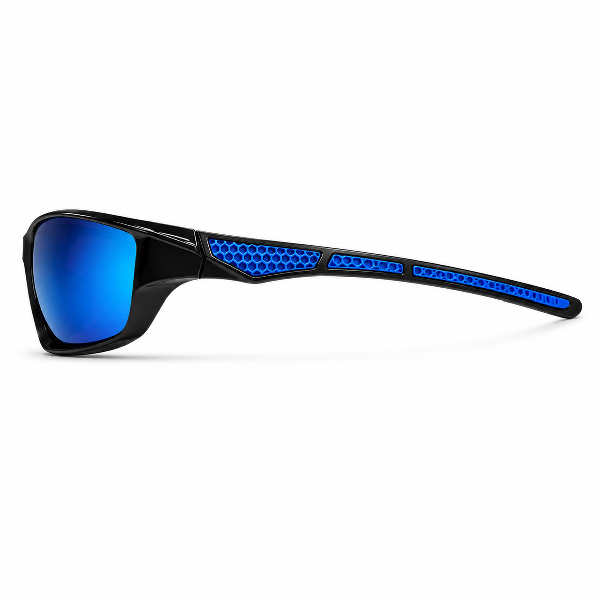 Lunettes de sport noires verres bleus, vue de profil montrant le motif perforé des branches