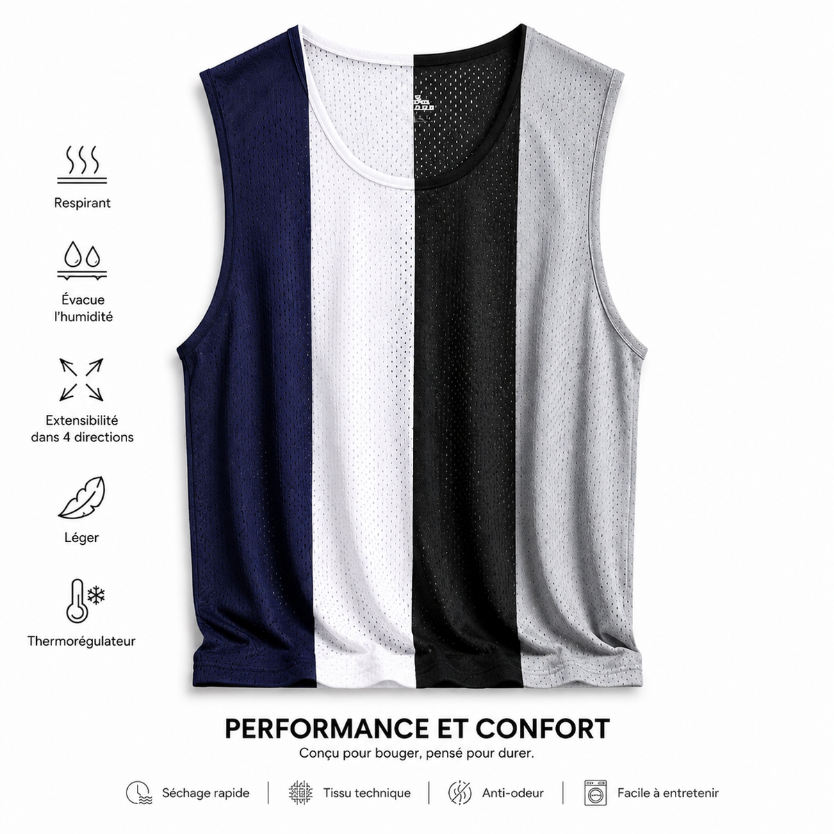 Infographie du débardeur padel homme en mesh respirant, coloris bleu marine, blanc, noir et gris avec caractéristiques techniques