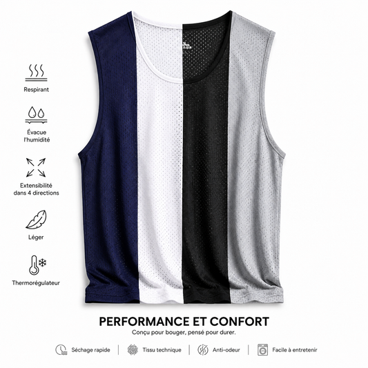 Infographie du débardeur padel homme en mesh respirant, coloris bleu marine, blanc, noir et gris avec caractéristiques techniques