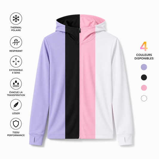 Infographie de la veste anti-UV femme UPF50 avec quatre coloris disponibles et icônes des caractéristiques techniques