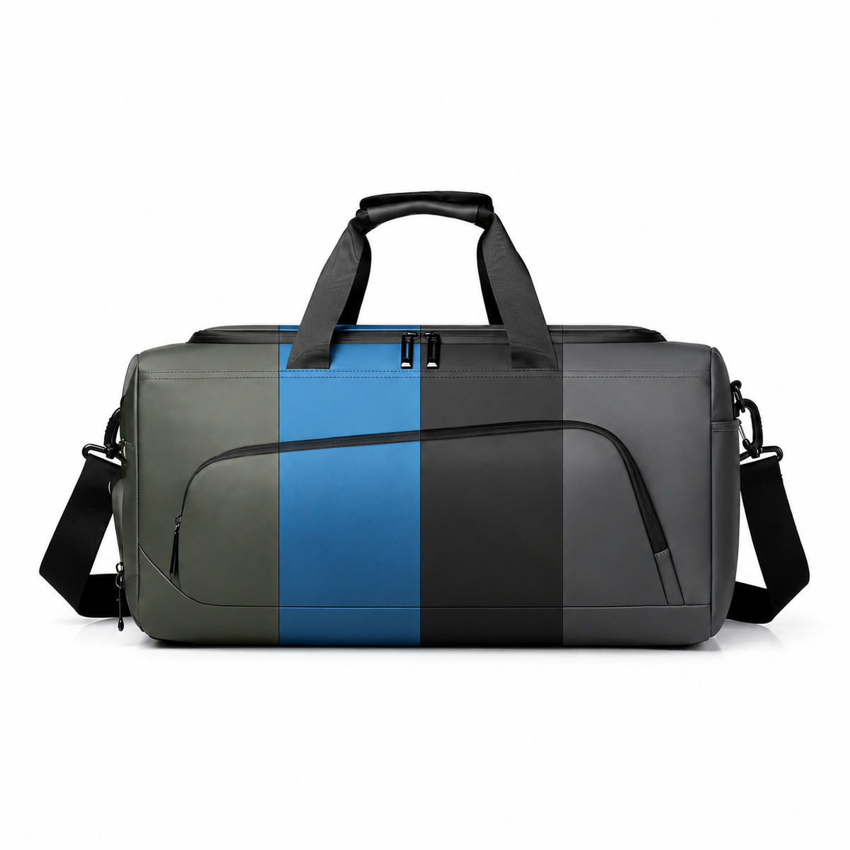 Sac de sport gris avec bande bleue et bandoulière, vue de face