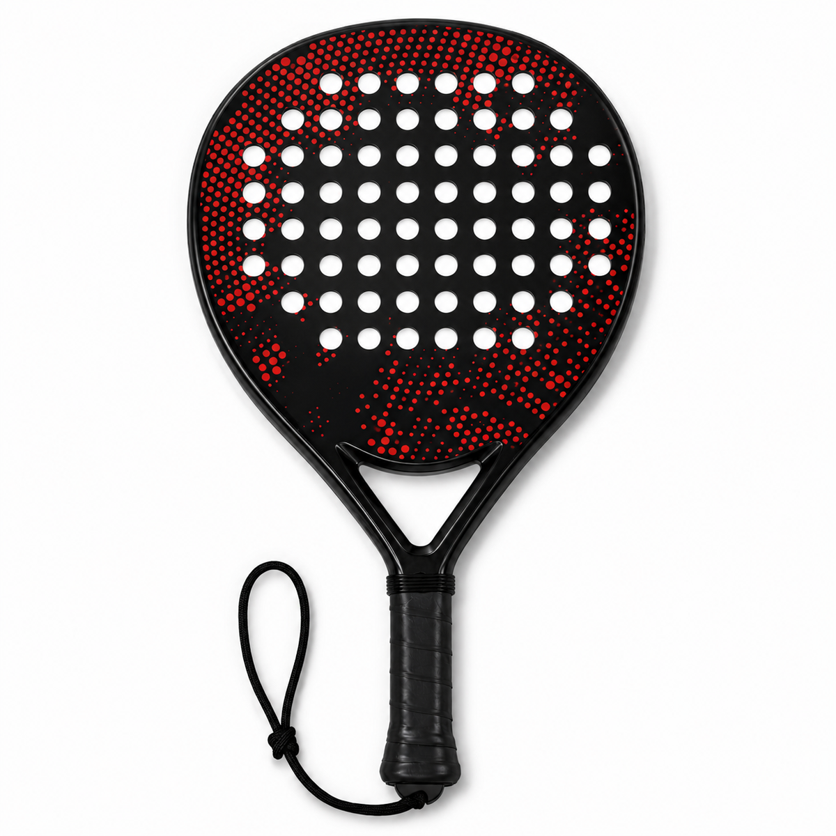 Raquette de padel enfant noire et rouge avec motif pointillé, vue de face avec dragonne
