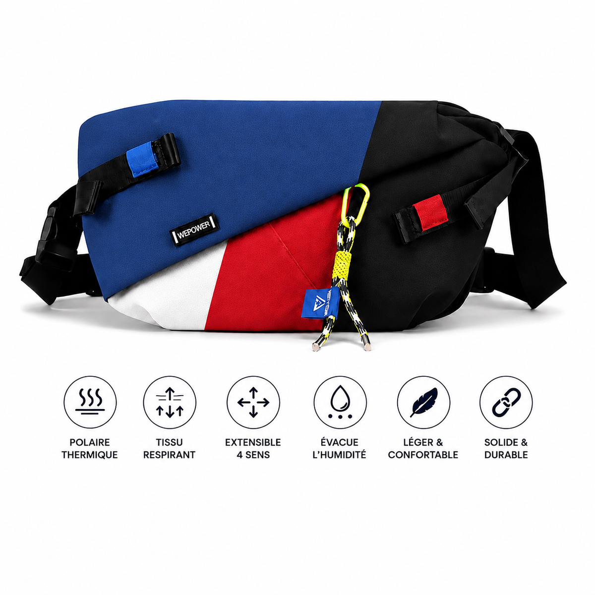 Sac banane en nylon color block bleu, rouge, blanc et noir - infographie des caractéristiques : polaire thermique, tissu respirant, extensible 4 sens, évacue l'humidité, léger et confortable, solide et durable