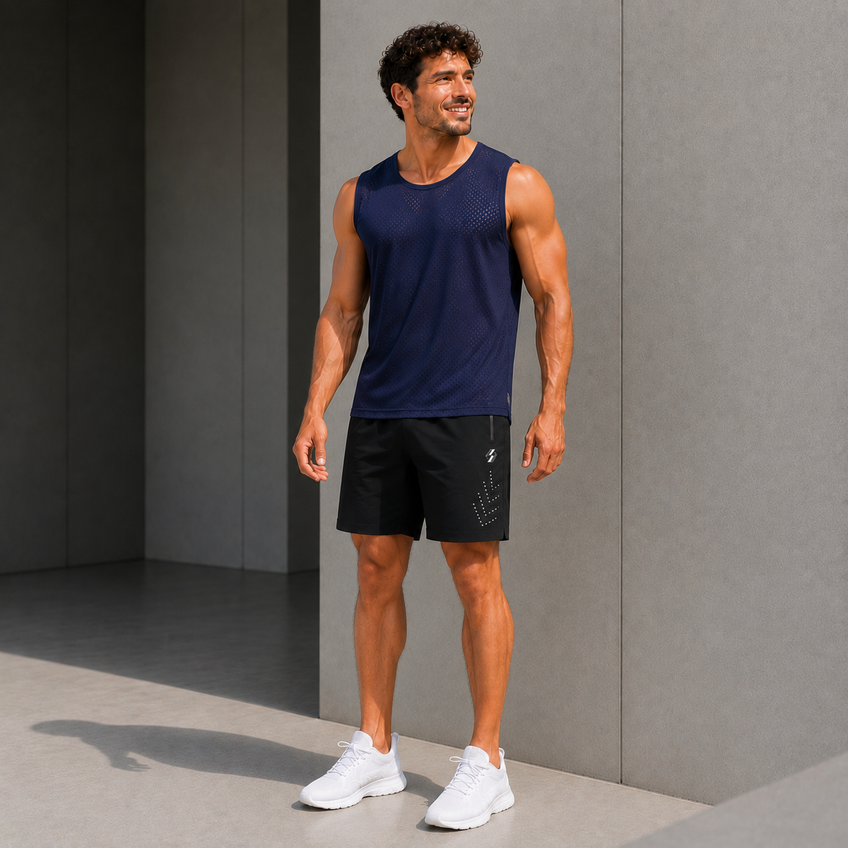 Homme portant le débardeur padel bleu marine en mesh respirant avec short noir, photo lifestyle