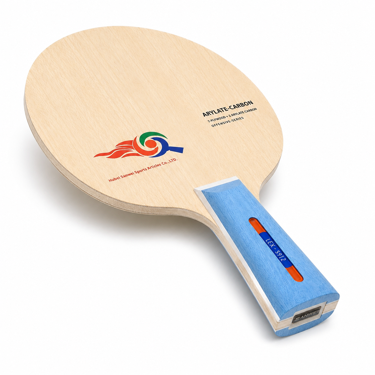 Lame de tennis de table carbone bois avec manche bleu - vue en angle sur la tranche