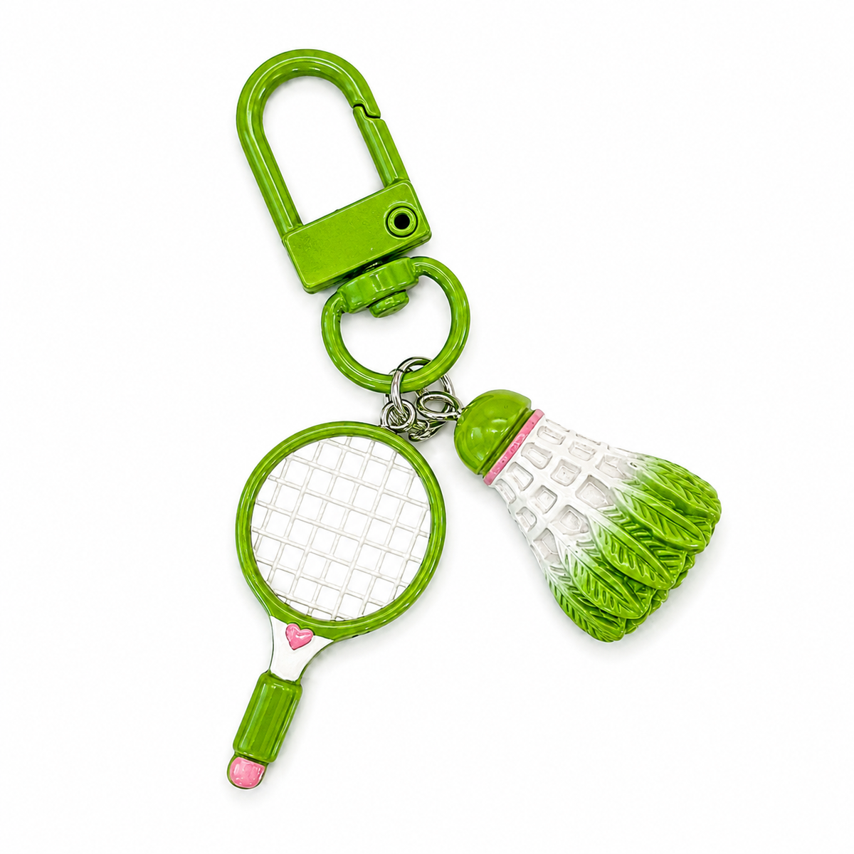 Porte-clés badminton mini raquette et volant, coloris vert