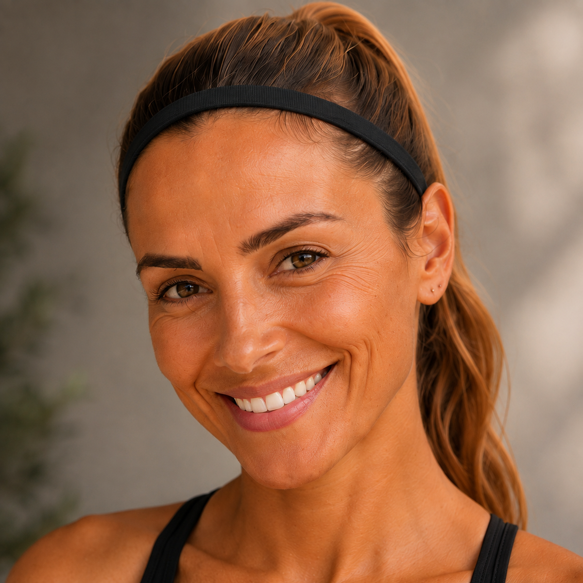 Femme souriante portant un bandeau fin de sport noir - portrait gros plan