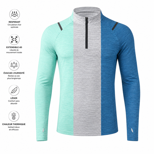 Infographie du sweat technique padel homme demi-zip color-block menthe, gris et bleu avec icônes des caractéristiques techniques