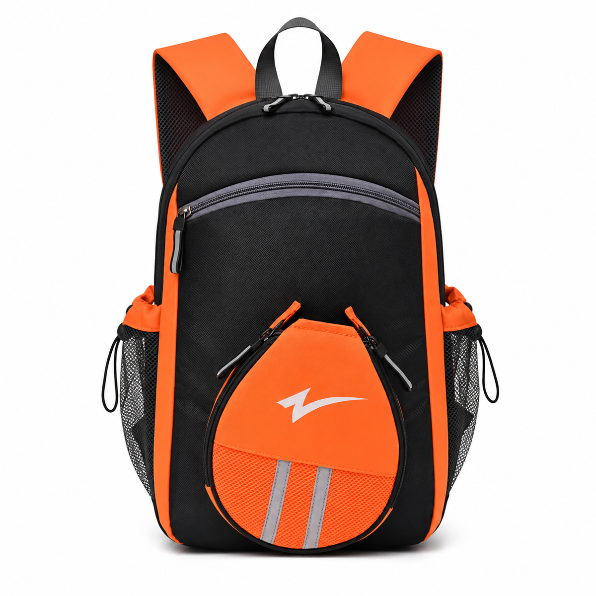 Sac à dos noir et orange avec compartiment raquette avant en forme de raquette, vue de face