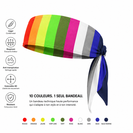 Bandeau de tête pirate sport 10 coloris - infographie des couleurs et caractéristiques : léger, respirant, anti-transpiration, extensible 4D, résistant