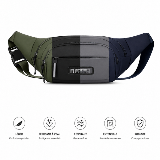 Sac banane anti-vol sport color block vert, gris et bleu marine - infographie des caractéristiques : léger, résistant à l'eau, respirant, extensible, robuste